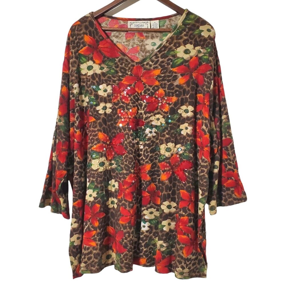 Tanzara Boho Floral Top Size 3X Plus Sequin Animal Print 3/4 Sleeve Womens